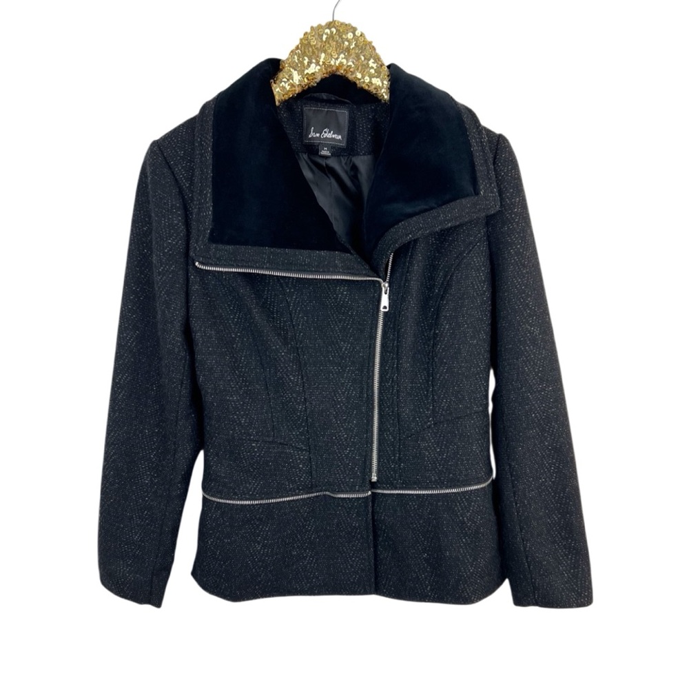 Sam Edelman Wool Blend Zip Details Velvet Collar Moto Jacket Black Size Medium